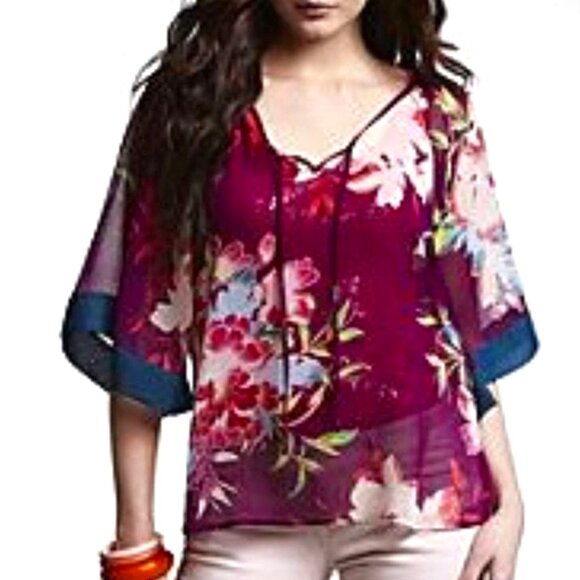 Express	| Sheer Kimono Sleeve Purple Tropical Floral Print Blouse | Size Small - Picture 1 of 15